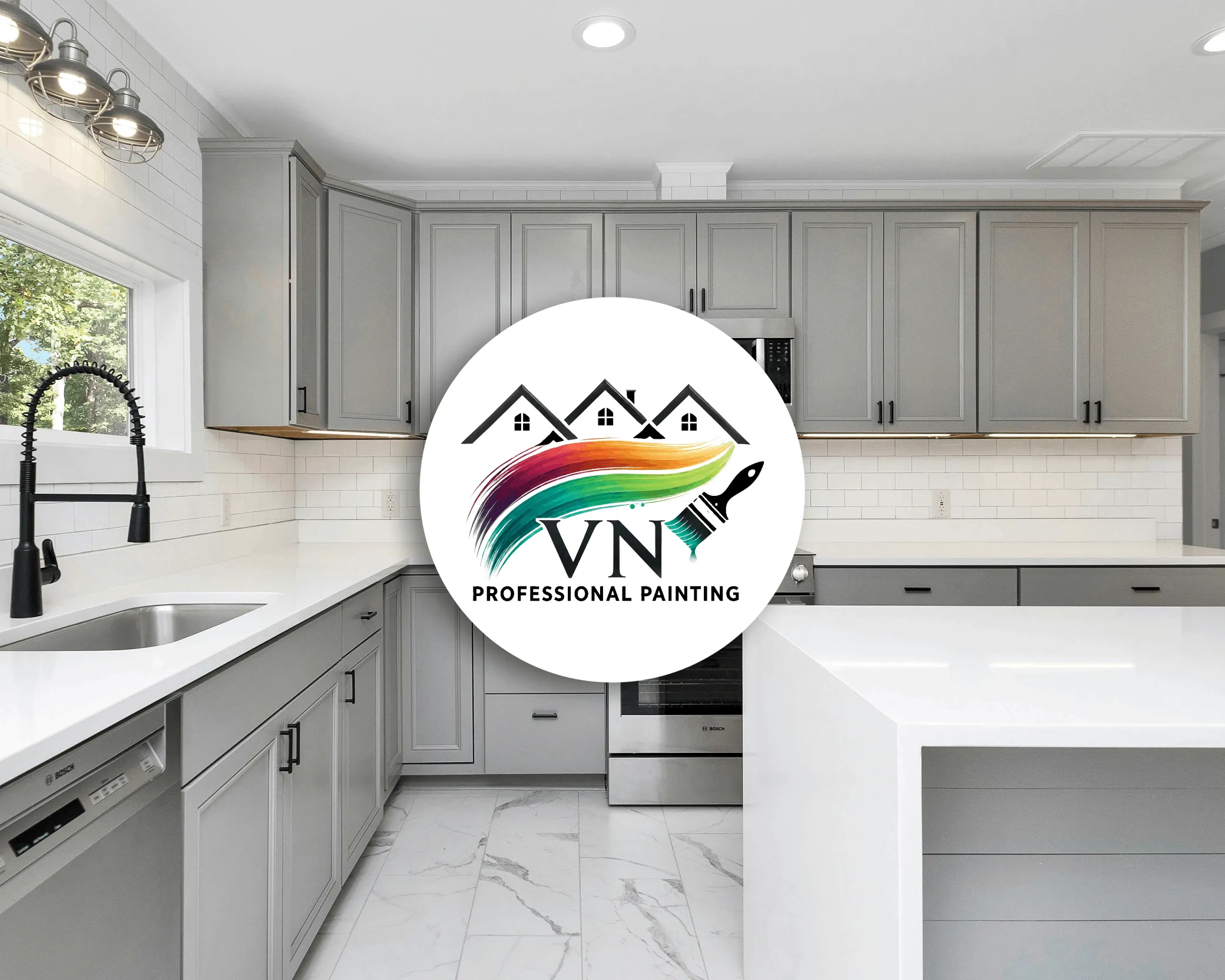 Painted kitchen cabinets, kitchen walls, kitchen ceiling with VN Professional Painting logo overtop